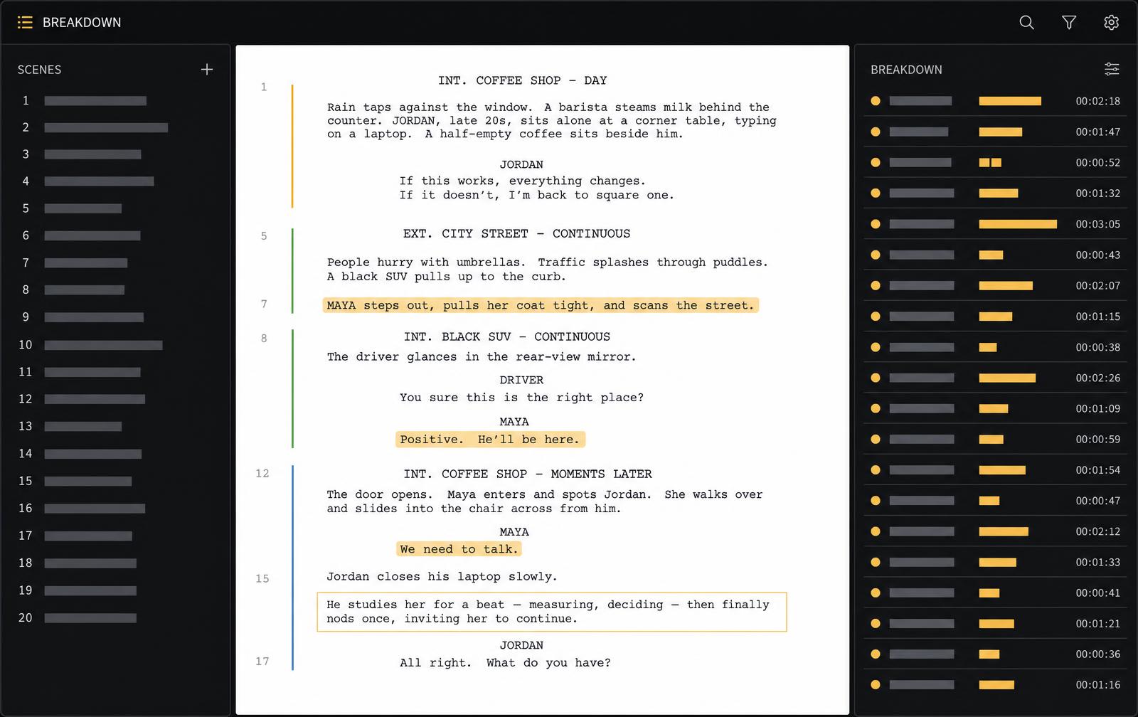 Simplified mockup of the Slate script bidding view: scene rail, screenplay page with highlighted sequences, and a work type bid panel
