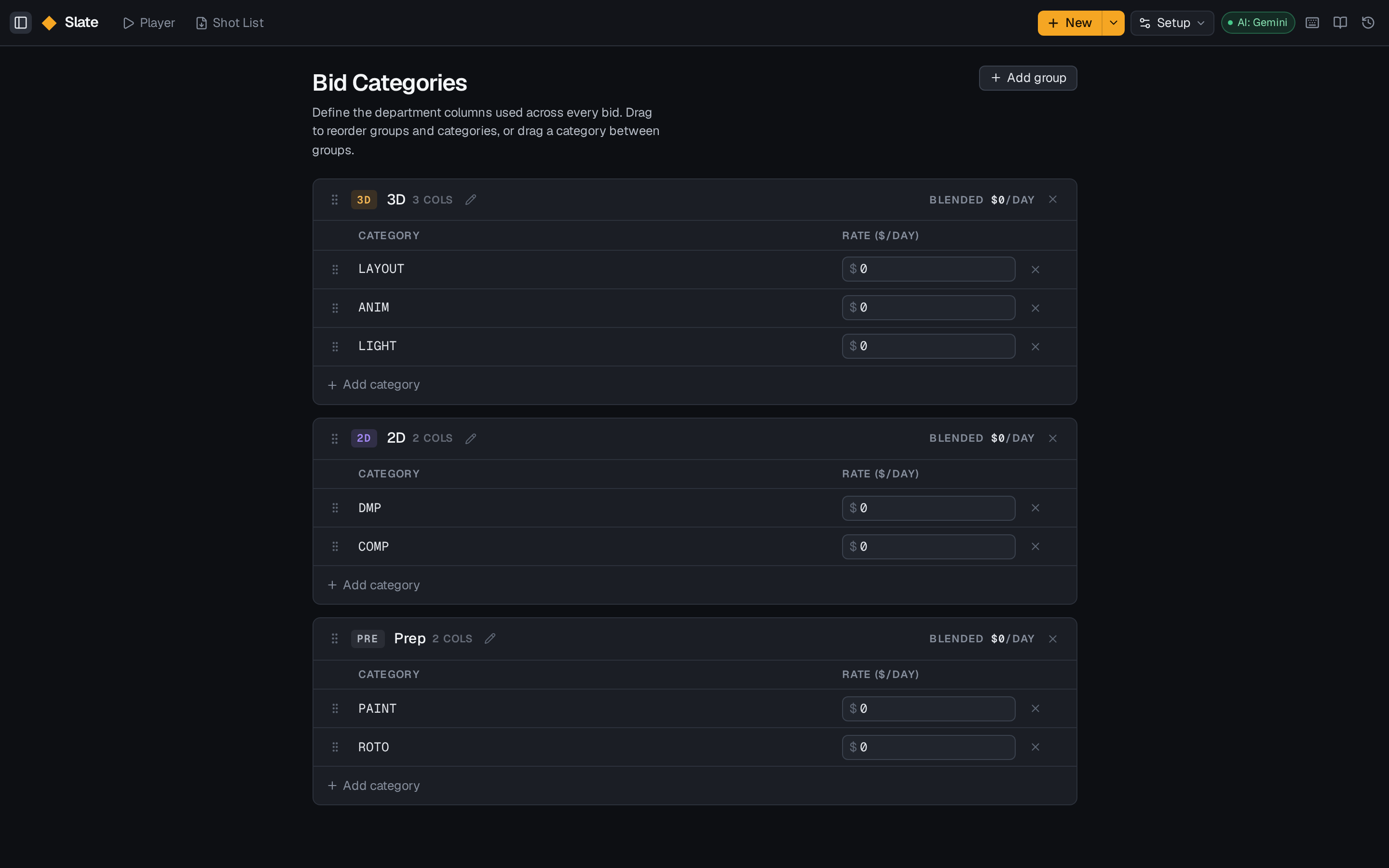 Bid Categories page with drag-and-drop cards