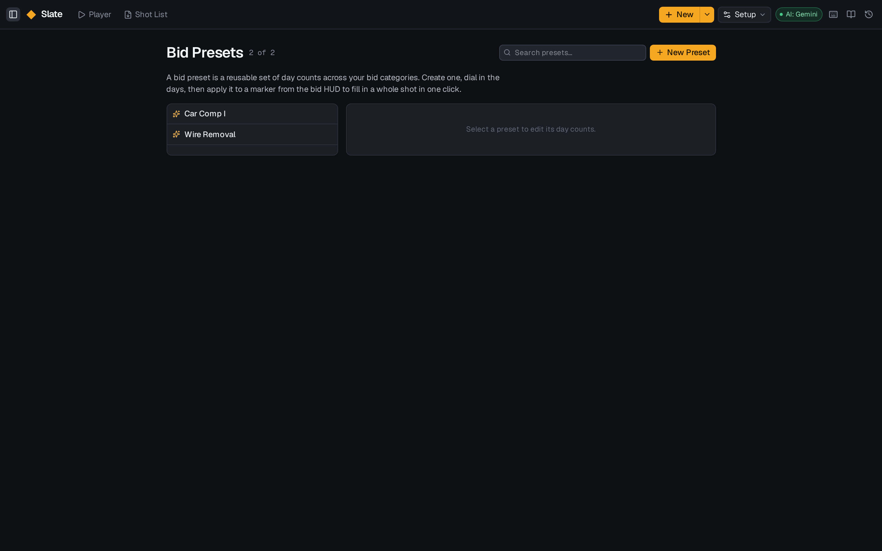 Bid Presets page
